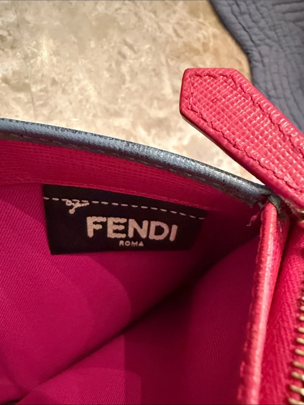 Fendi Authentic Textured Navy Leather Trifold Wallet with Gold Logo Plate - Picture 15 of 17